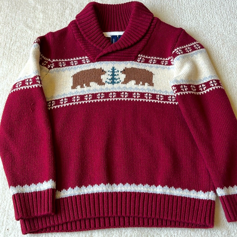 Janie and Jack 4T cotton shawl neck Christmas bear intarsia knit sweater